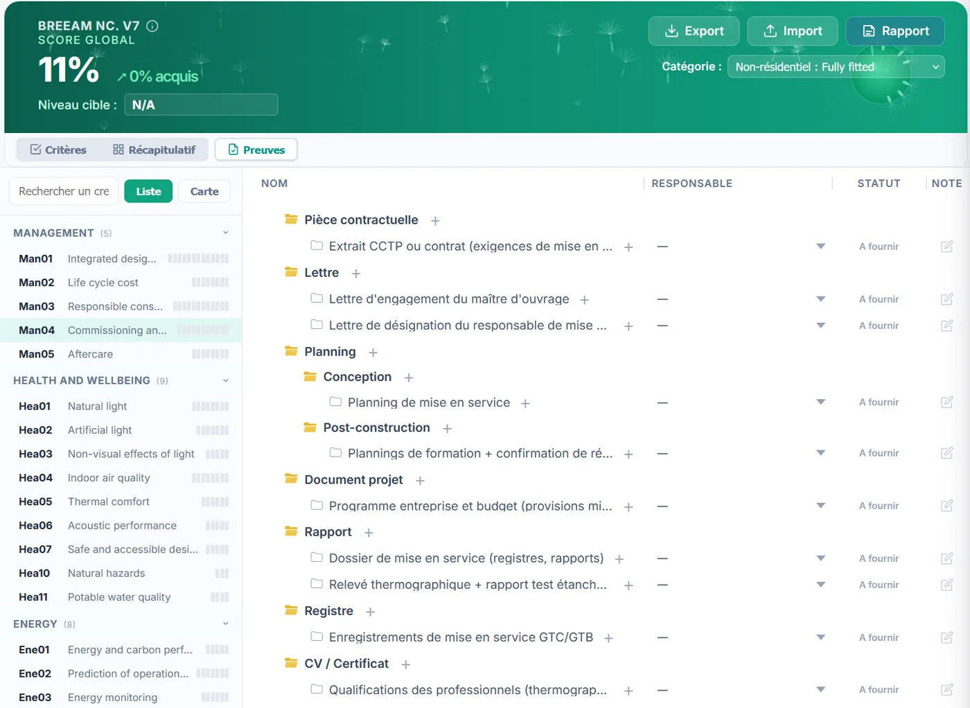Suivi des preuves BREEAM