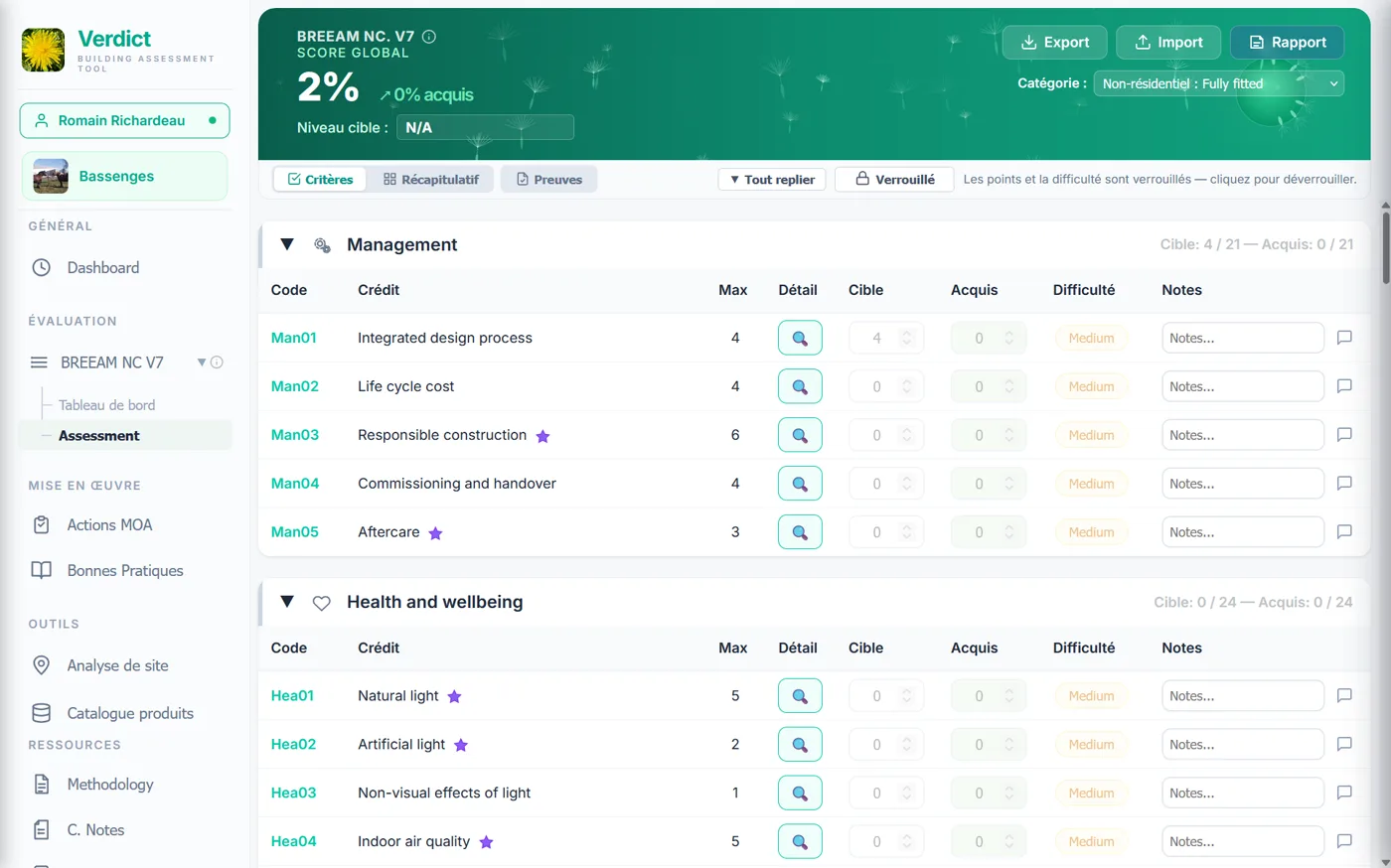 Tableau de bord Verdict, certification BREEAM NC V7