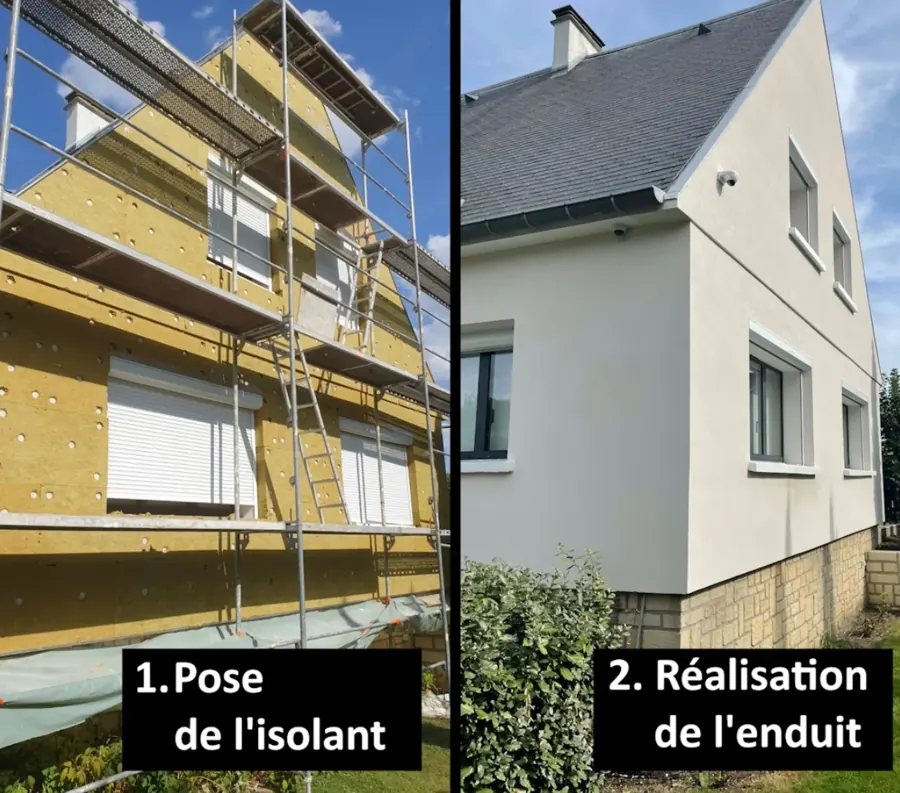 Avant/apr&egrave;s ITE : pose de l&rsquo;isolant puis r&eacute;alisation de l&rsquo;enduit